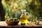 Organic homemade olive oil bottle on blurred defocused background with copy space for text placement