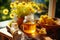 Organic jar of golden honey surrounded by buzzing bees on a sunny day in a vibrant field