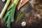 Organic leek stalks with herbs ingredients for cooking Braised Leeks, onrustic metall background dark, top view with  space for