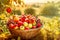 Organic local fruits in basket in summer grass on blurred rural landscape background