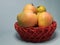 organic mango in a red basket of rattan material, light blue background