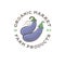 Organic Market Logo. Vegetables and fruit store. Vegetarian food. Blue eggplant in a circle.