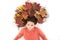 Organic mask. Haircare tips add to fall routine. Little girl gorgeous long hair and fallen maple leaves lay on white