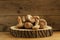 Organic mushrooms agaric honey on a wooden stump