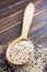 Organic quinoa grains in wooden spoon, Gluten free. Concept Healthy food. Diet