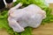 Organic raw whole chicken ready for cooking. White meat. Bamboo, gourmet.