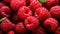 Organic red large raspberry berries top view, closeup, grocery vegetarian healthy food concept, farm harvest advertising