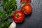 Organic Red Tomatoes on the vine, fresh Curly Parsley and Garlic arranged on natural black stone