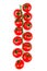 Organic ripe fresh cherry tomatoes on a long branch isolates on white background. Top view
