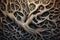 Organic Sculpting: Modern Tree on Wood Material with Tangled Forms in Black .