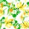 Organic Seamless Exotic. Green Pattern Botanical. Natural Tropical Nature. Yellow Flower Painting. Golden Floral Foliage.