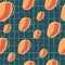 Organic seamless pattern with random orange peach elements. Blue chequered background. Simple style