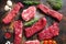 Organic set of raw alternative beef steaks flap flank Steak, machete steak or skirt cut, Top blade or flat iron beef and tri tip,