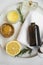 Organic skincare ingredients with towel, face mist and manuka honey, natural treatments ingredients with lemon, honey, balm salve