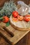 Organic sliced tomatoes on vintage style wood