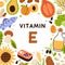 Organic sources of Vitamin E. Card with natural healthy food and nutrients enriched with tocopherol. Colorful flat