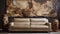 Organic Stone Carvings: A Dark Beige Leatherhide Sofa In Naturalistic Setting