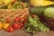 Organic Summer Vegetable Harvest on Table Outdoors on Farm