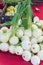 Organic sweet onion bunches with blurry squash crate background at market stand in Washington, USA