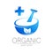 Organic vector symbol in blue color. Concept logo with cross for business. Herbal sign for medicine, homeopathy, therapy