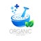 Organic vector symbol in blue and green color. Concept logo for business. Herbal sign with leaf and cross for medicine