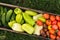 Organic vegetables in wooden box close up, top view. Freshly harvested tomato, pepper and cucumber in garden