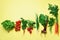 Organic vegetables on yellow background with copy space. Top view of carrot, beet, pepper, radish, dill, parsley, tomato