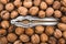 Organic walnuts with nut cracker on sackcloth