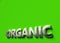 Organic word as 3D sign or logo concept placed on green surface with copy space above it. Organic technologies concept. 3D