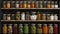 Organised Pantry Items, Fruits, Vegetables And Preserved Foods In Jars On Kitchen Shelf. Generative AI