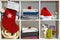 Organization of storage. Bed linen, towels, sheets, blankets on the shelves are decorated for the celebration of Christmas