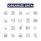 Organize data line vector icons and signs. Classify, Compile, Structure, Organize, Arrange, File, Sort, Catalog outline