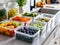 Organized meal planning with colorful fruits and vegetables neatly arranged in transparent storage boxes