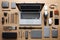 Organized Office Essentials on Wooden Desk