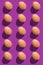 Organized pile of eggs on a purple background. Eggs background with shadow, 3D rendering, top view