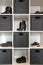 Organized shoe rack in modern interior, various footwear on wooden shelf, storage for shoes in a modern home