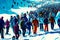 Organized winter sports tourism hike in mountains skiing group, generative ai