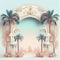 Oriental background with palm trees and and gate in an oasis, template for product and promotion, orient travel