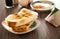 Oriental breakfast set in Malaysia consisting of coffee, nasi lemak, toast bread and half-boiled egg