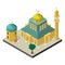 Oriental city life in isometric view. Mosque with minaret, muslims, arabian building and tree