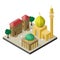 Oriental city life in isometric view. Mosque, muslims, urban buildings and trees