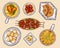 Oriental cuisine dishes cartoon vector set