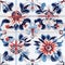 oriental ethnic Japanese floral seamless carpet pattern with red blue flowers on white background