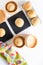 Oriental food concept homemade organic Huaiyang Spiral Chinese flaky  pastry moon cake on white background with copy space