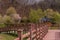 Oriental gazebo behind wooden boardwalk