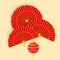 Oriental Holiday Lunar New Year. Hanging paper lantern, paper fans and traditional red umbrella. Decor for Oriental Holiday Lunar