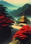 Oriental landscape with Japanese traditional building cloudy mountains