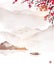 Oriental landscape with sakura blossom, high misty mountains and fishing boat. Traditional oriental ink painting sumi-e