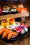 Oriental magic theme with Japanese seafood, sushi set