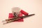 Oriental meal set, chopsticks ceramic glass and wicker red wooden stand